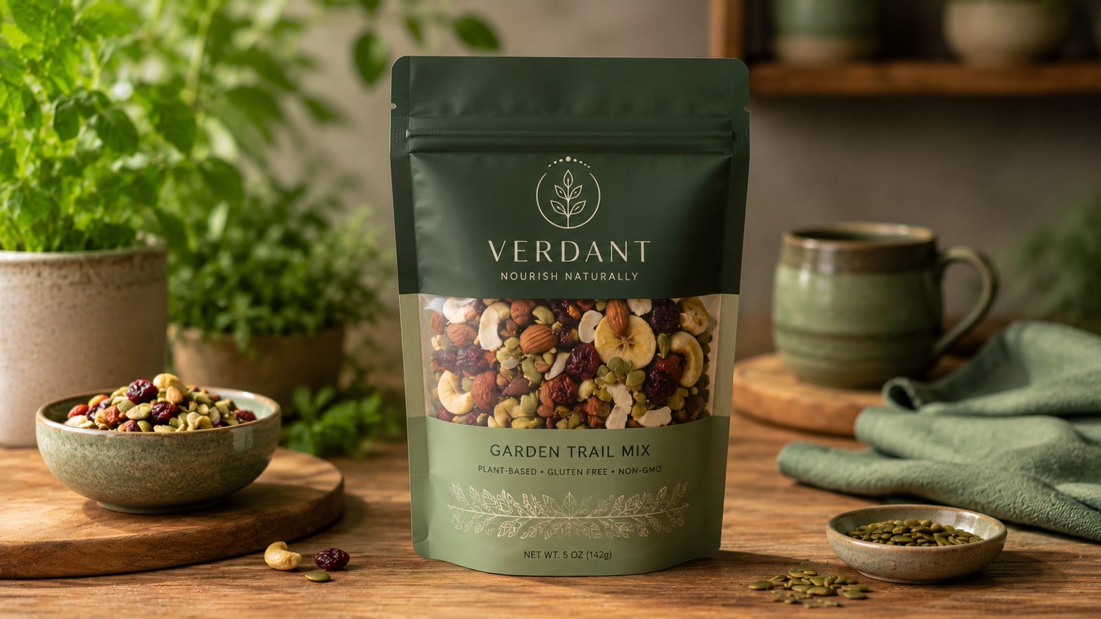 Stand-up snack pouch with a large clear window showing the product and a printed logo
