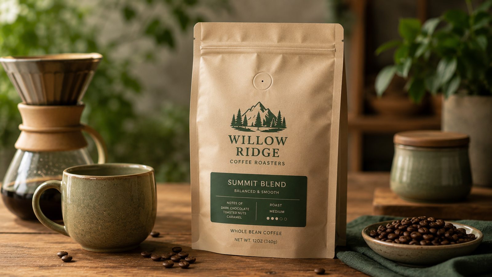 Full-color printed stand-up coffee pouch with a one-way degassing valve and brand logo