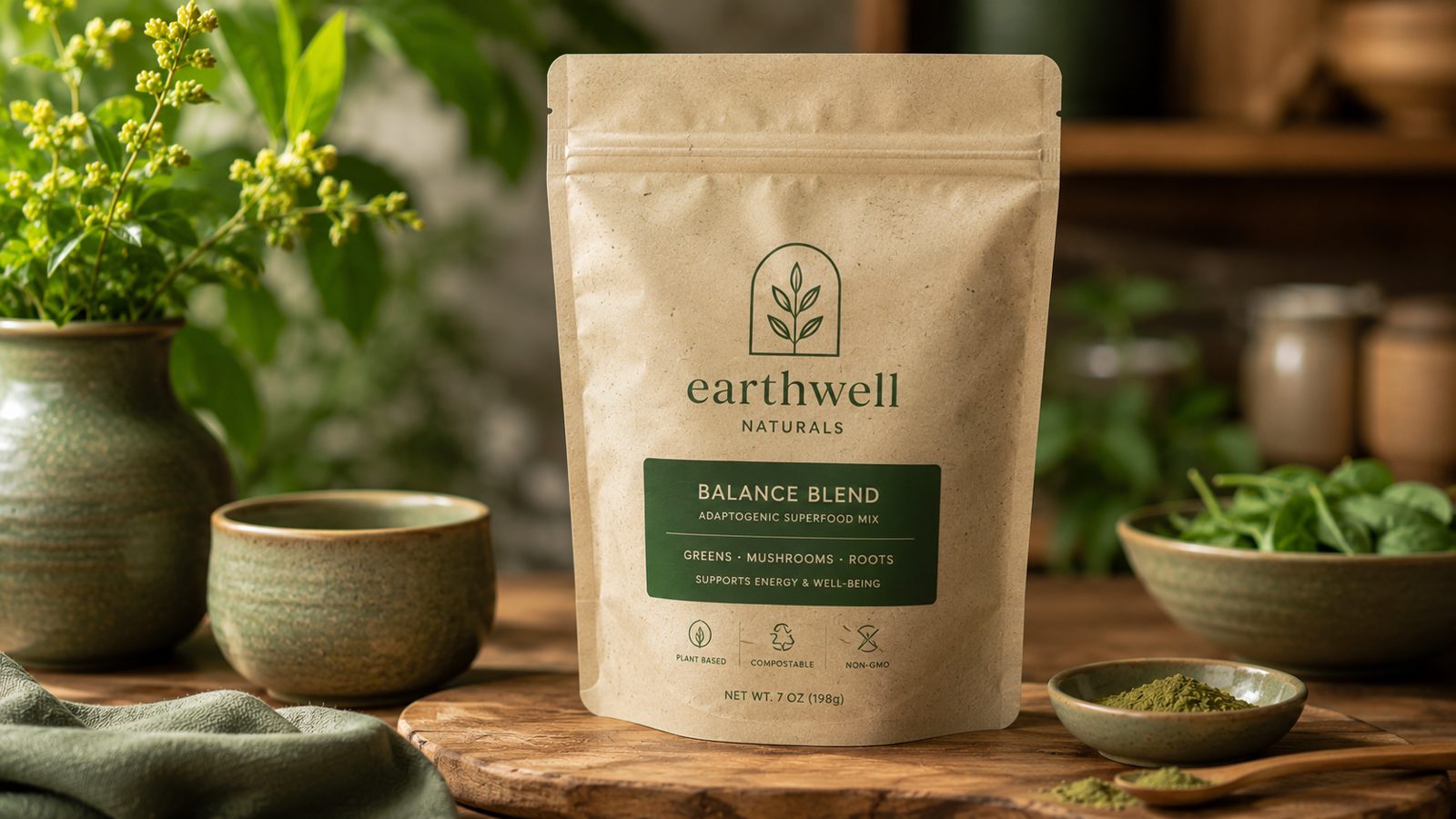 Certified compostable stand-up pouch made from plant-based film with an earthy printed logo