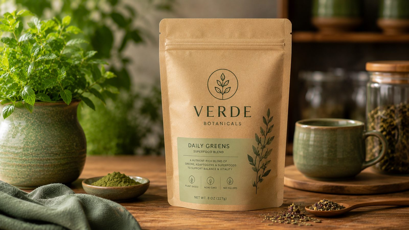 Natural matte kraft stand-up pouch with a minimalist printed brand logo