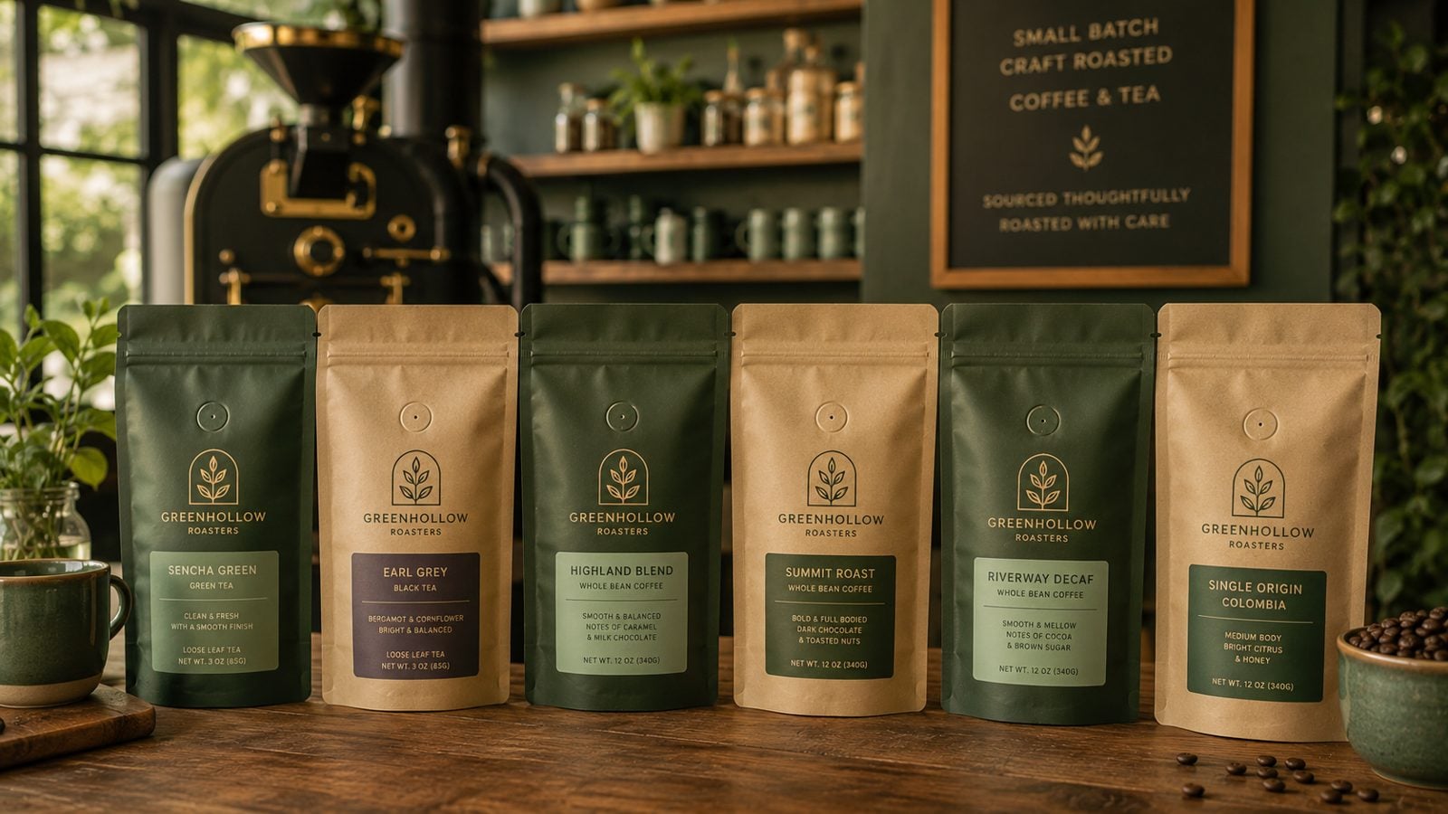 Full-color stand-up coffee pouch with a degassing valve on a roastery shelf