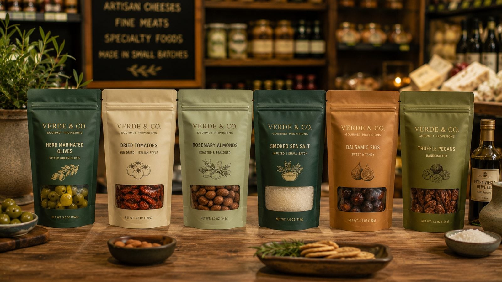 Foil-stamped gourmet food pouch with an elegant printed label on a specialty shelf